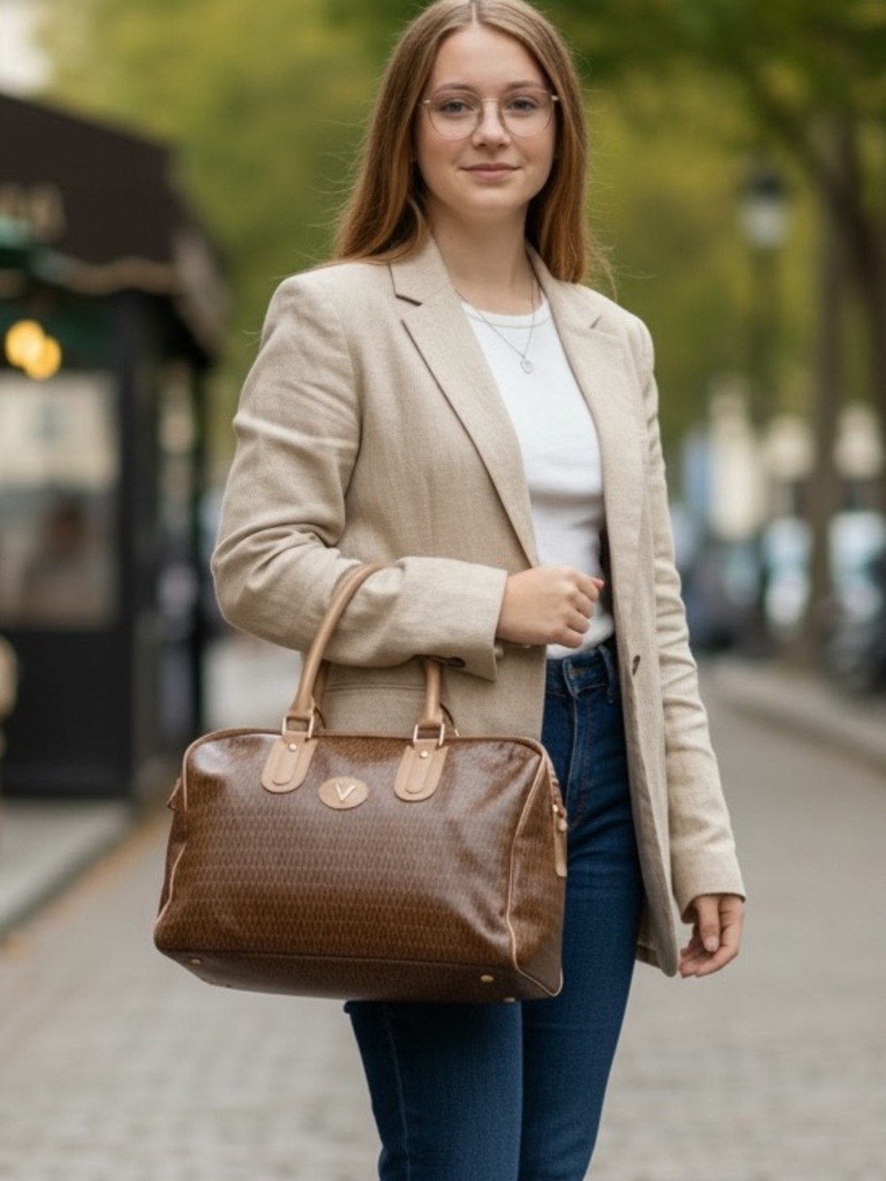 Valentino Brown Monogram Satchel with Gold Hardware